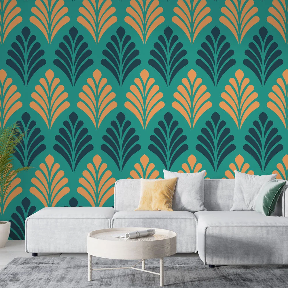 Mural Wallpaper geometric | Turquoise and yellow Art Deco pattern