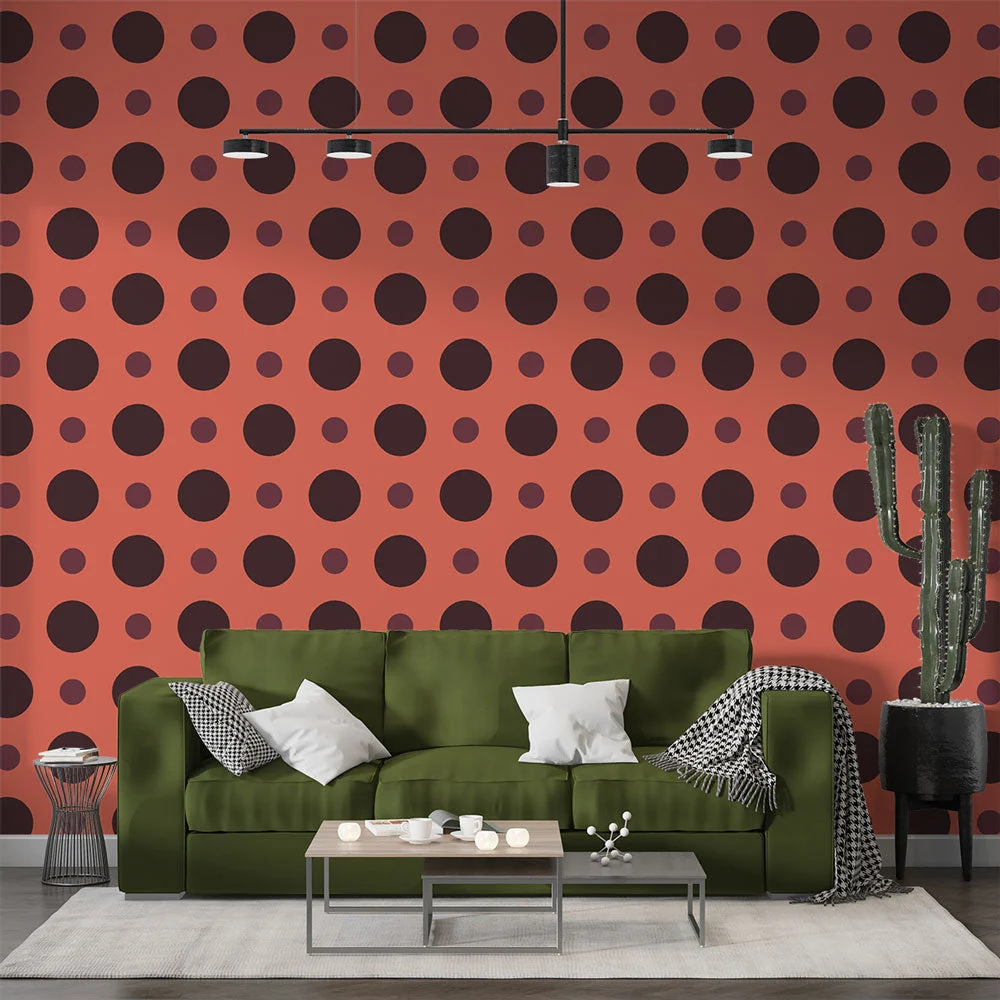 Mural Wallpaper polka dots | Retro orange and black pattern