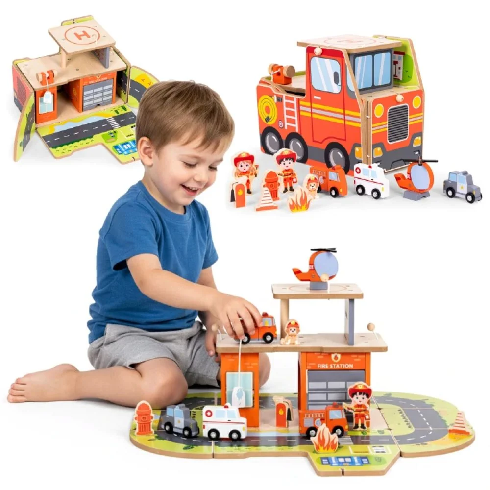 Ecotoys drveni set za vatrogasnu postaju, garaž s dodacima