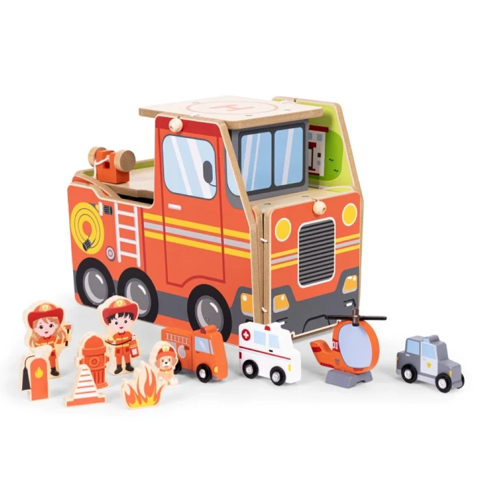 Ecotoys drveni set za vatrogasnu postaju, garaž s dodacima