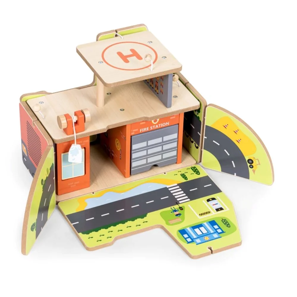 Ecotoys drveni set za vatrogasnu postaju, garaž s dodacima