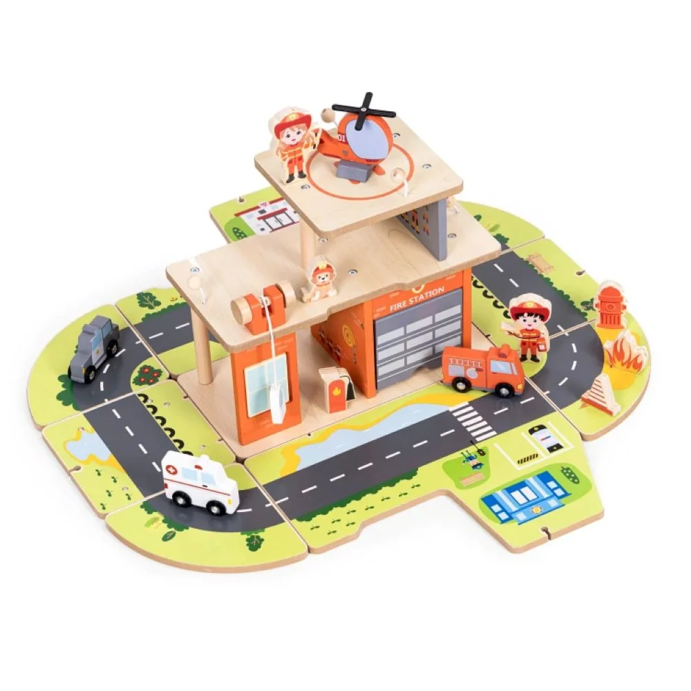 Ecotoys drveni set za vatrogasnu postaju, garaž s dodacima