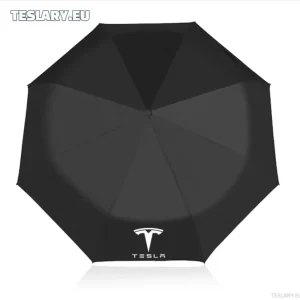 Crni vjetar i kišni kišobran s Teslinom logotipom