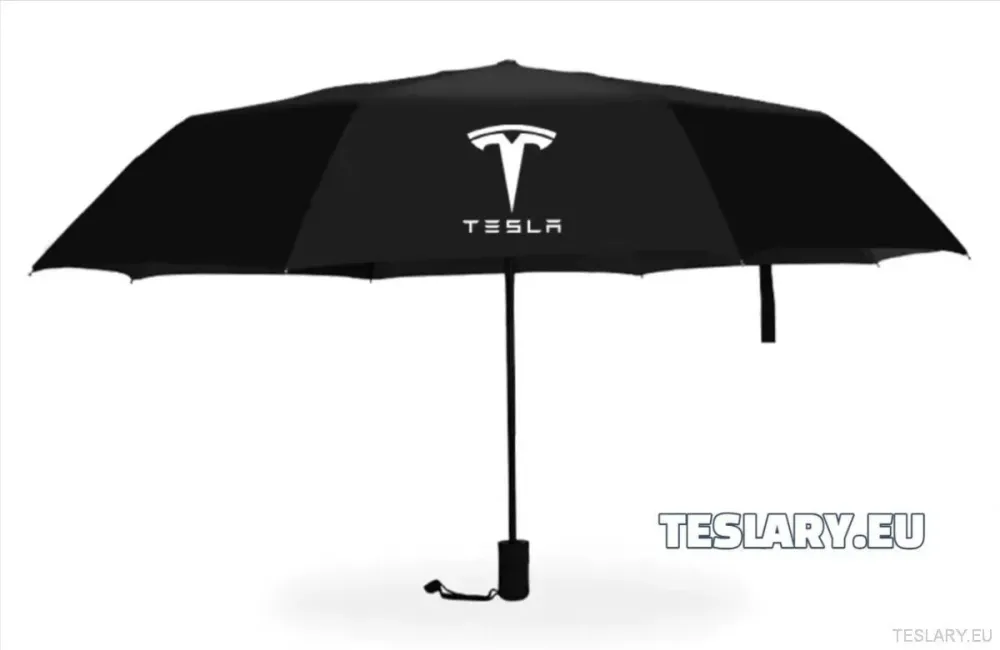 Crni vjetar i kišni kišobran s Teslinom logotipom