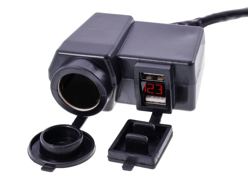Punjač za motocikl 2xUSB 4.2A s voltmetrom i EURO utičnicom za upaljač