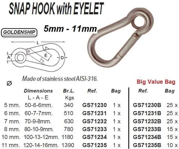 SPRING HOOK W/EYELET 7X70 MM