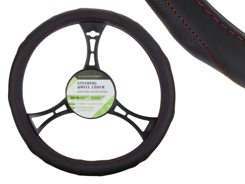 Zaštita za volan PU 39-41 cm "L", perforirani rukohvati, crna + crveni šavovi