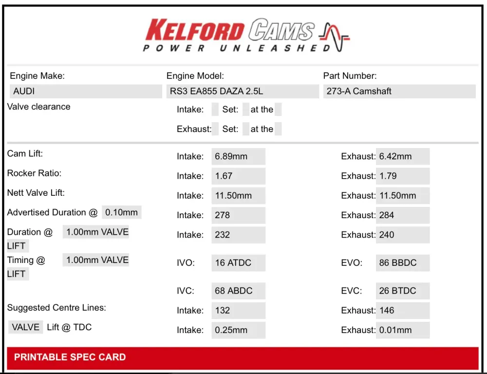 Kelford Stage 1 (Cam ) Do 1200KS 2.5TFSI EA855 DAZA/DNWA Audi RS3, TTRS