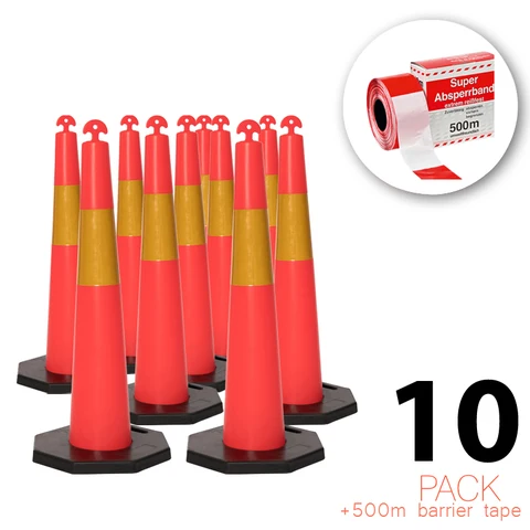 (10 Paket) Flexibarrier T-Top Prometni stožac s bazom od 8 kg + 500 m Traka za ograđivanje – 115 cm